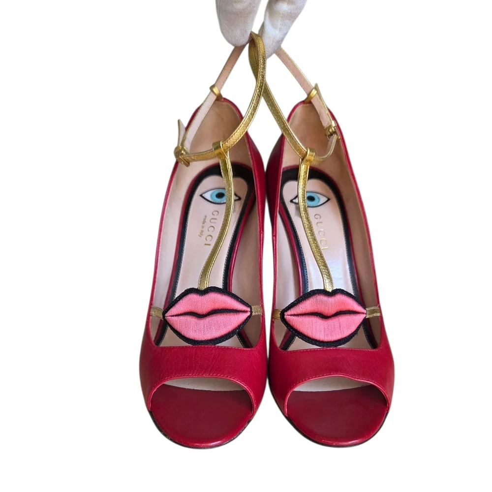 Iconic Gucci Molina Lips T-Strap Heels Red Gold Leather Pumps 38.5 - Picture 4 of 16